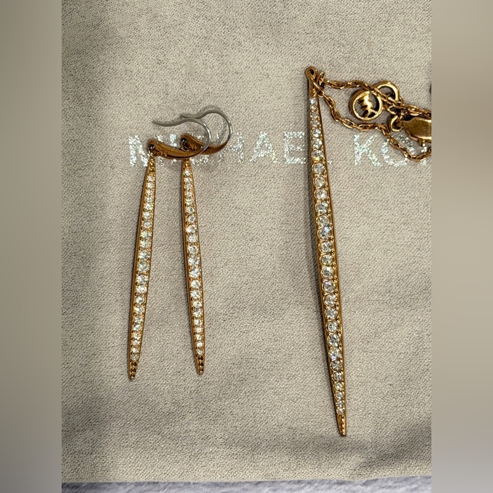 Michael Kors Brown Gold Necklace and Earrings with Sparkling Crystals Set
